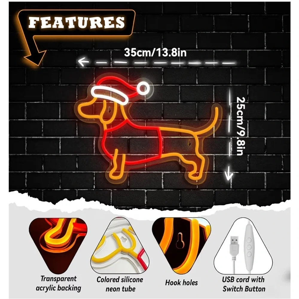 NEW Dachshund Neon Light Wall Decor - Red and Yellow Christmas Hat